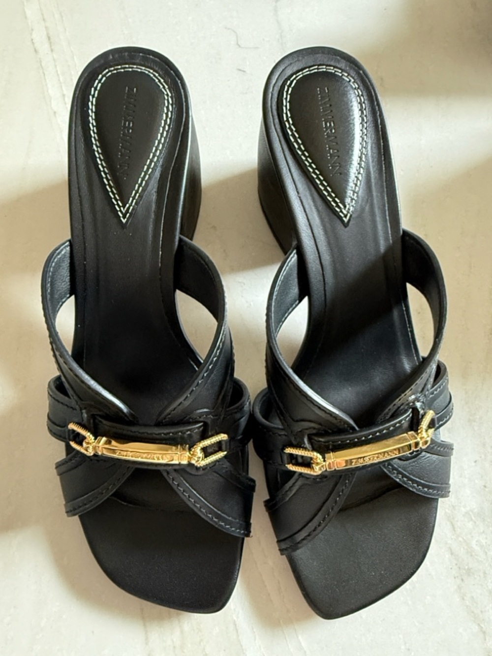Zimmermann Black Leather Slide Sandals with Gold Hardware